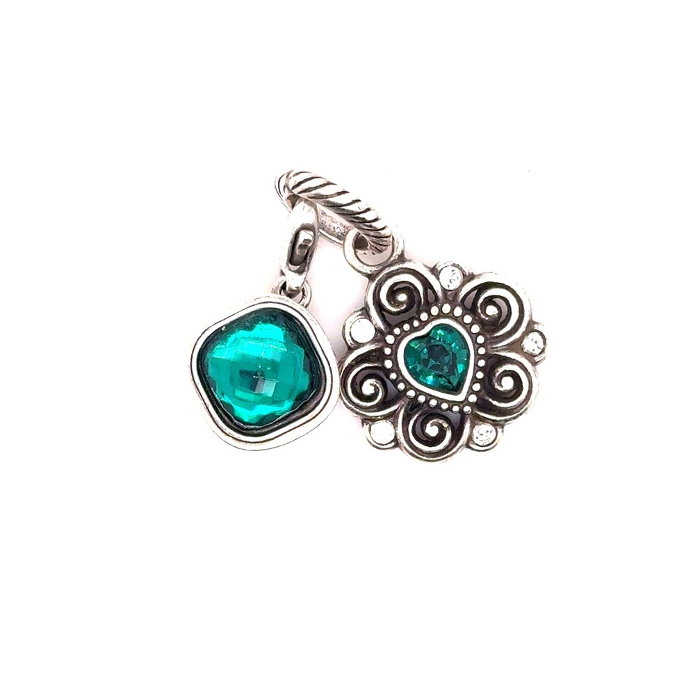 Brighton Teal Green Crystal Heart Flower Love Charm Silver Tone Lobster Clasp